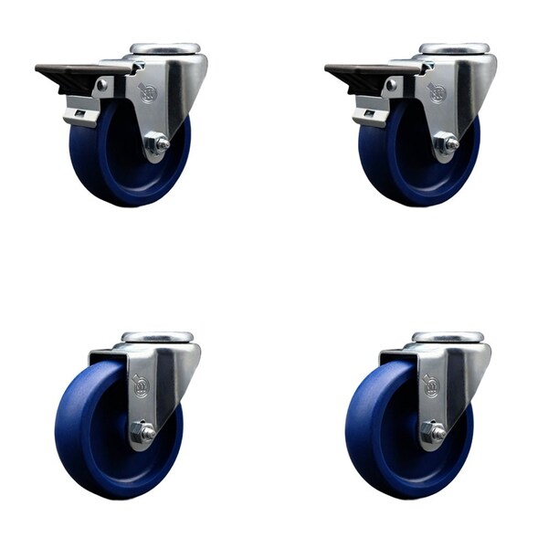 4'' Solid Poly Wheel Swivel Bolt Hole Caster Set with 2 Posi Lock Brakes, 4PK